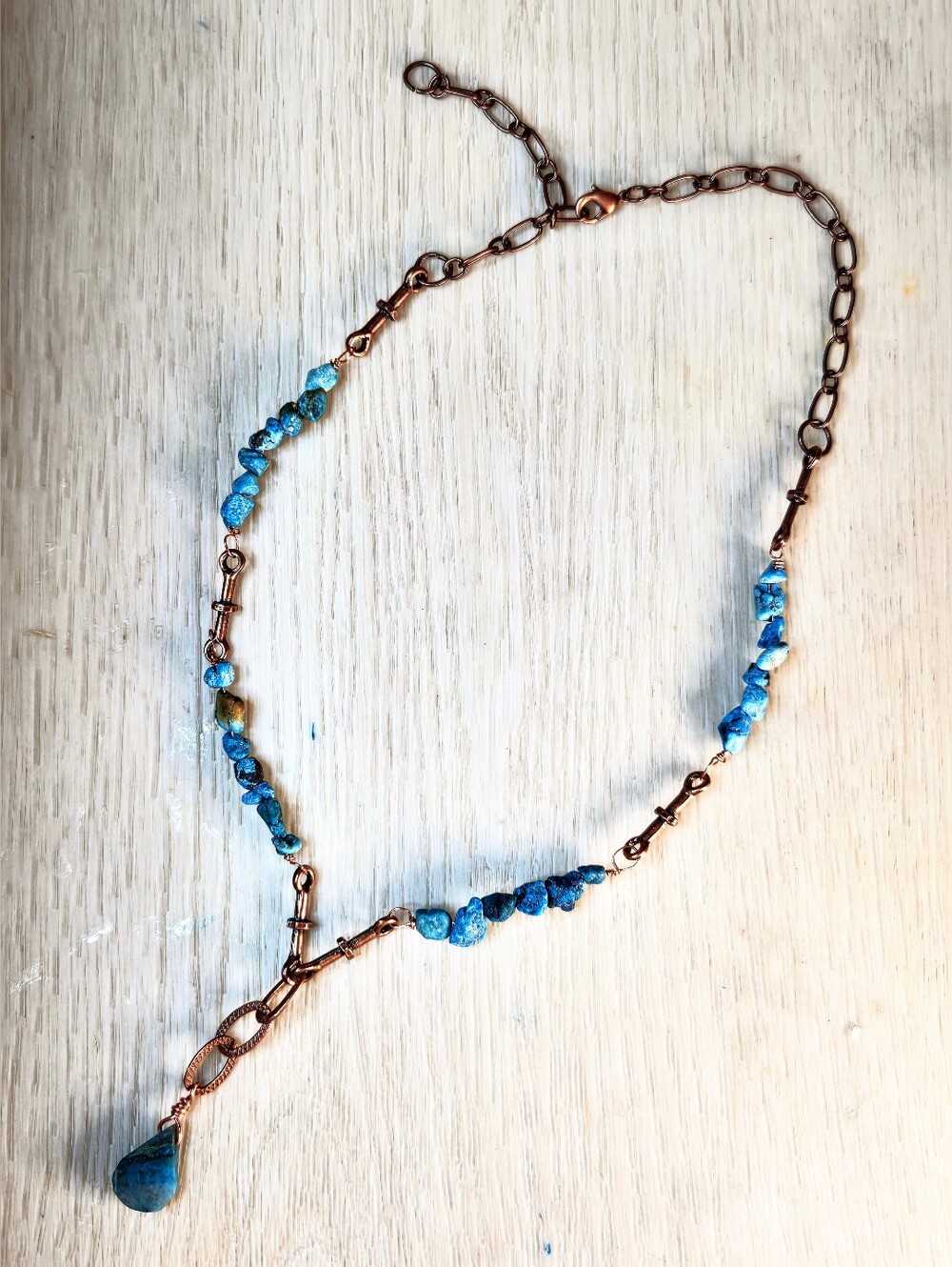 Genuine Blue Turquoise Chips In Industrial Vibe Antique Copper Artisan Necklace - Picture 6 of 9
